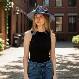Hand Painted Western Cowgirl Hat | Blue & Red Distressed |Size 7